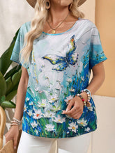 EMERY ROSE Summer Women's Printed Oil Painting Chrysanthemum Butterfly Shirt